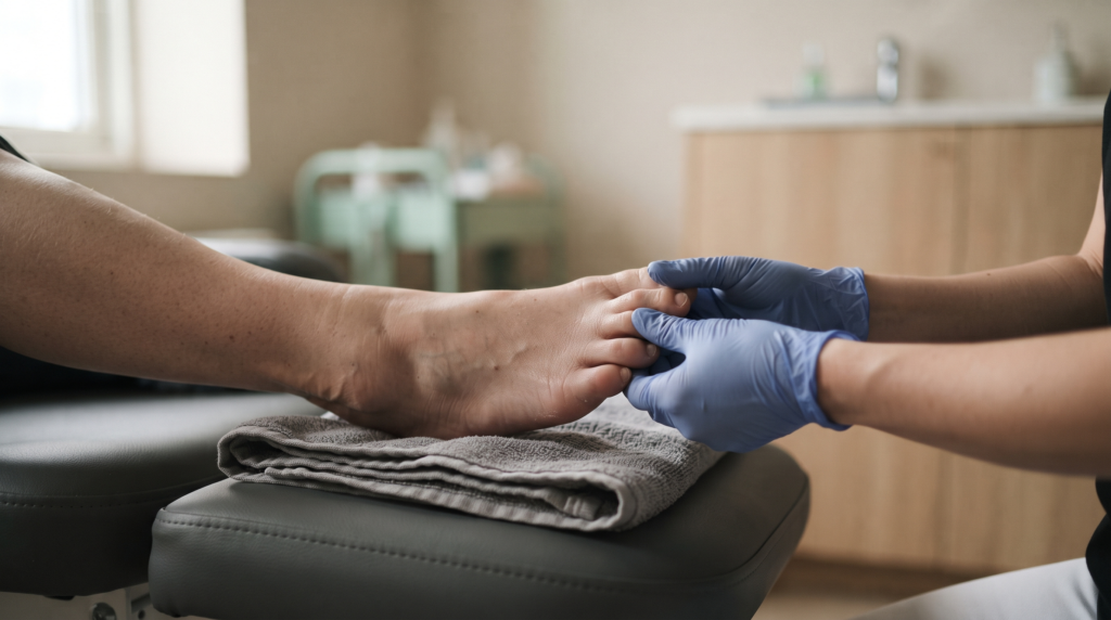 Fod klar til behandling af fodvorte i fodplejeklinik i Sdr. Kirkeby