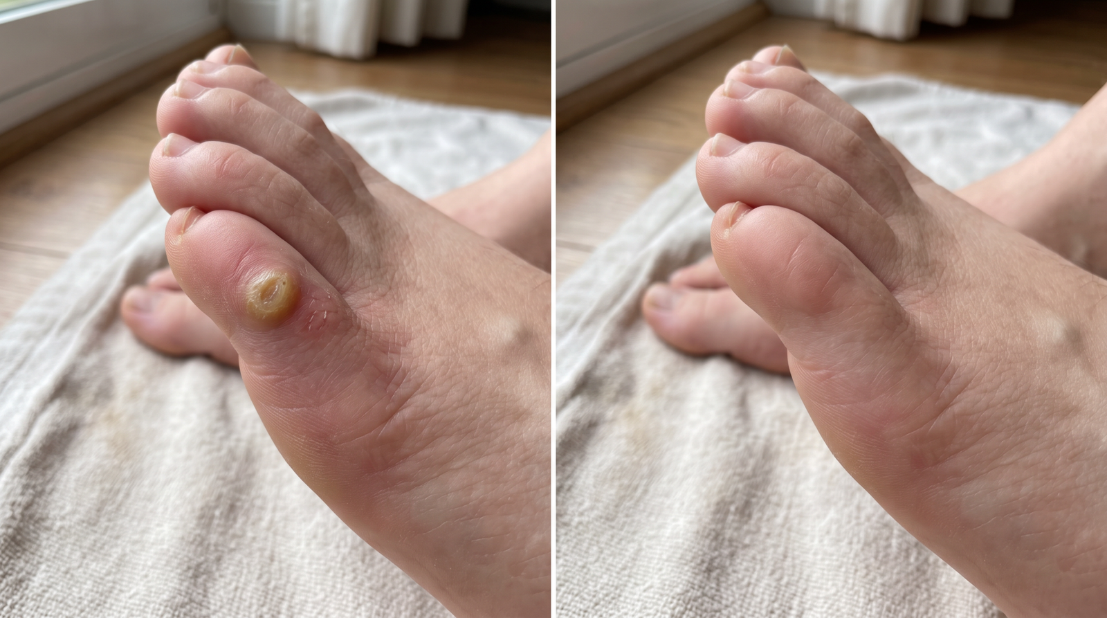 Fod før og efter behandling af ligtorne hos fodplejer
