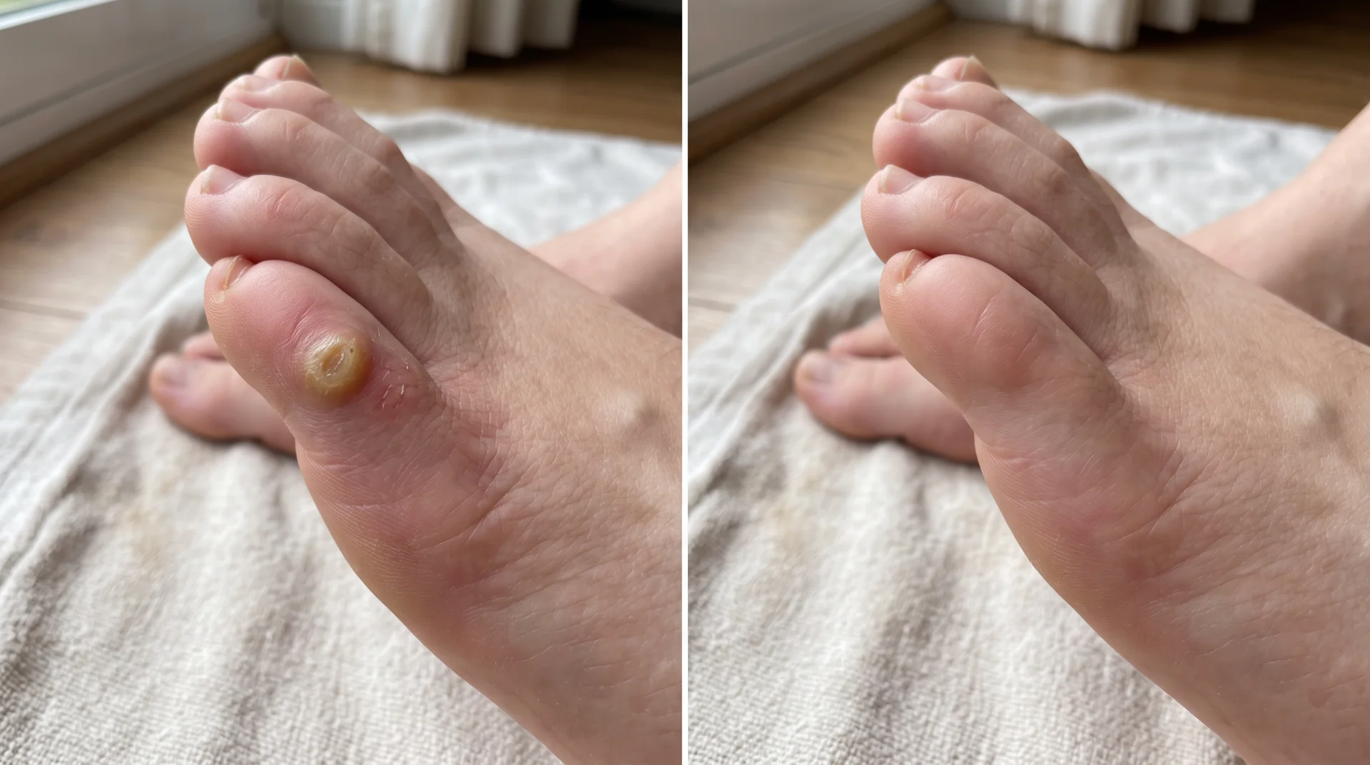 Fod før og efter behandling af ligtorne hos fodplejer